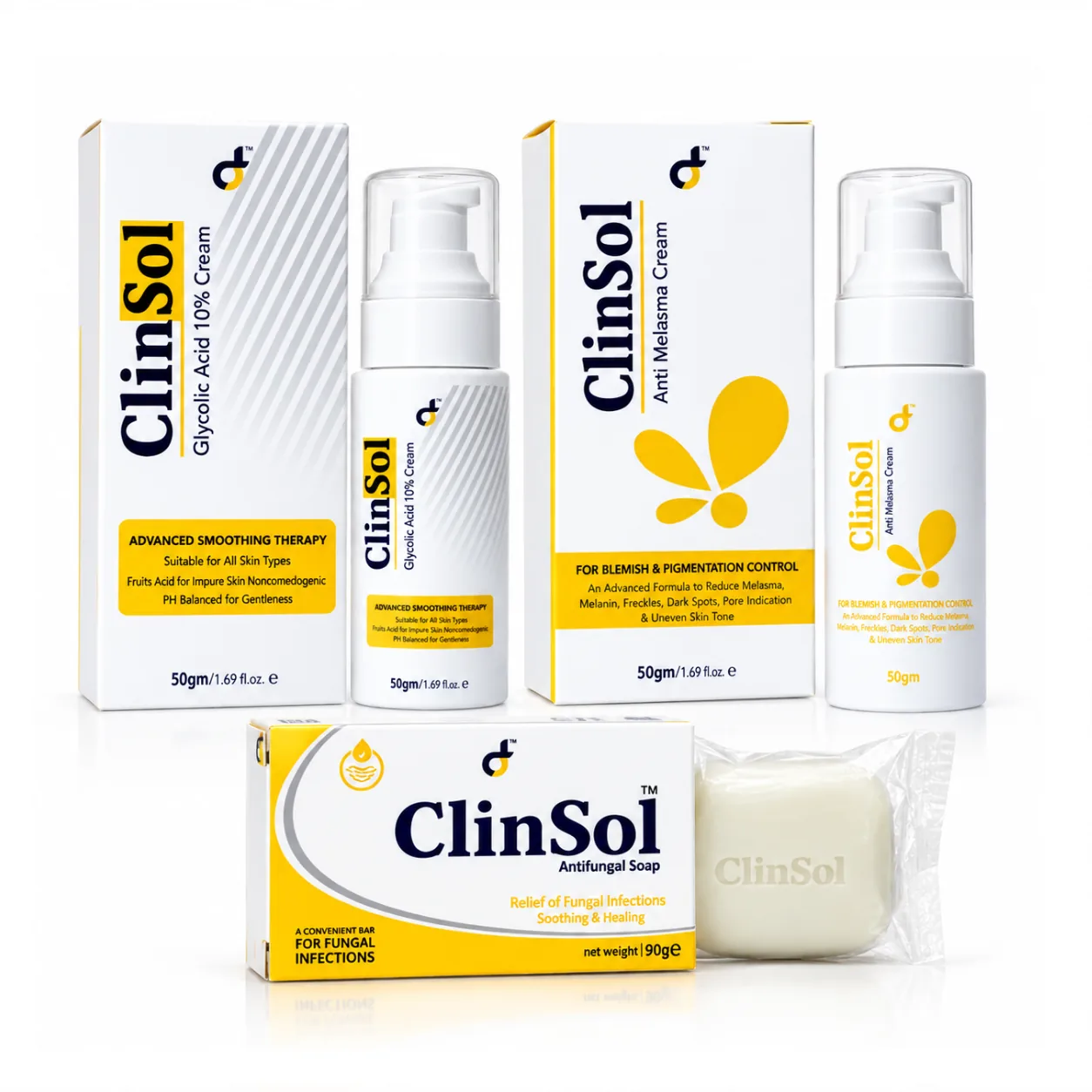 ClinSol Complete Skin Care Bundle — Glycolic Acid 10% Cream, Anti Melasma Cream and Antifungal Soap