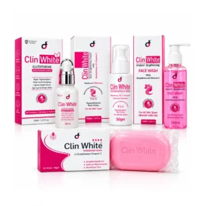 Clin White Complete Brightening Bundle — glutathione serum, skin brightening cream, face wash and whitening soap