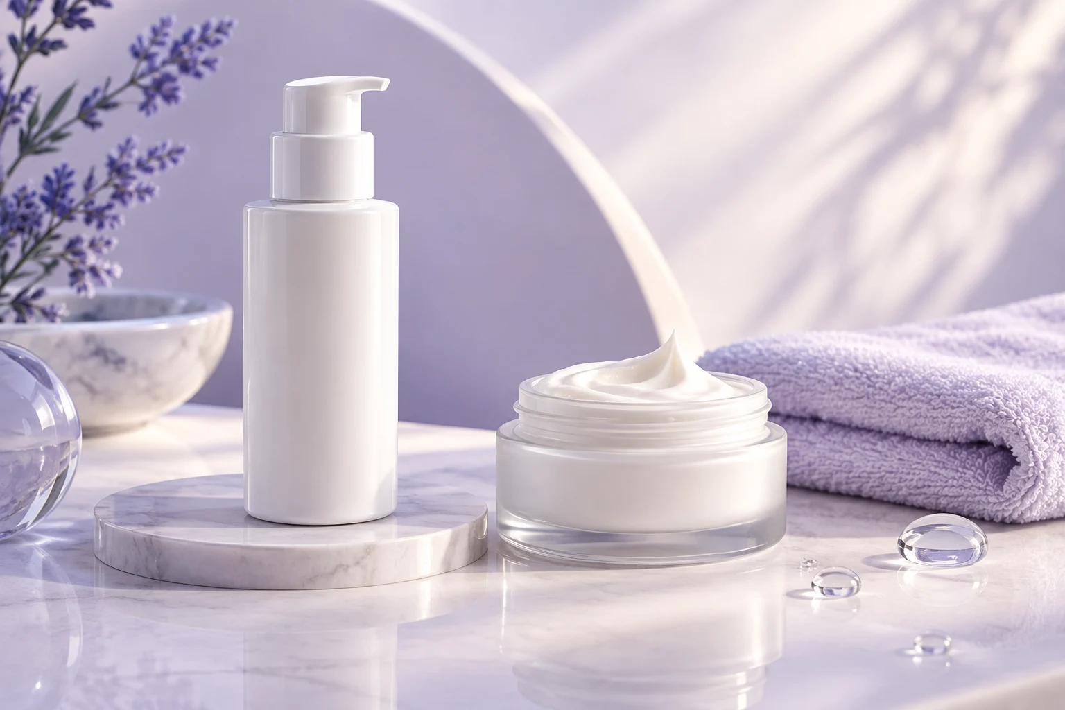 Moisturizer bottle and cream jar on a pale lavender skincare background