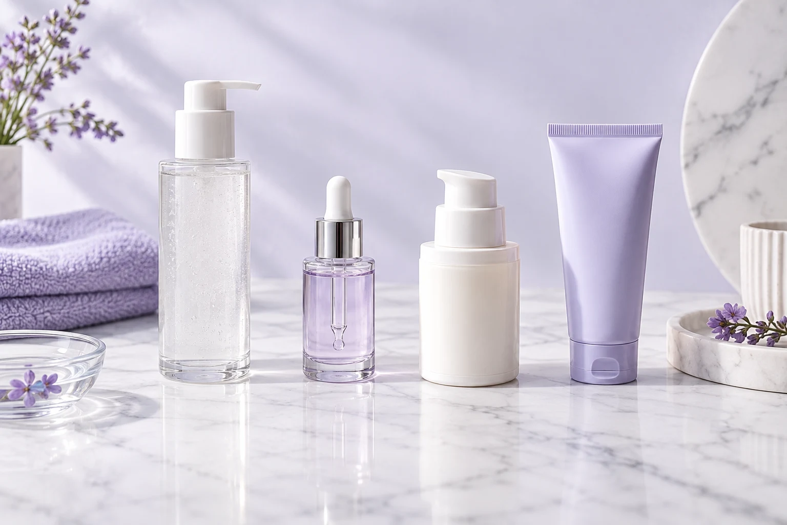 Simple daily skincare routine with cleanser serum moisturizer and sunscreen