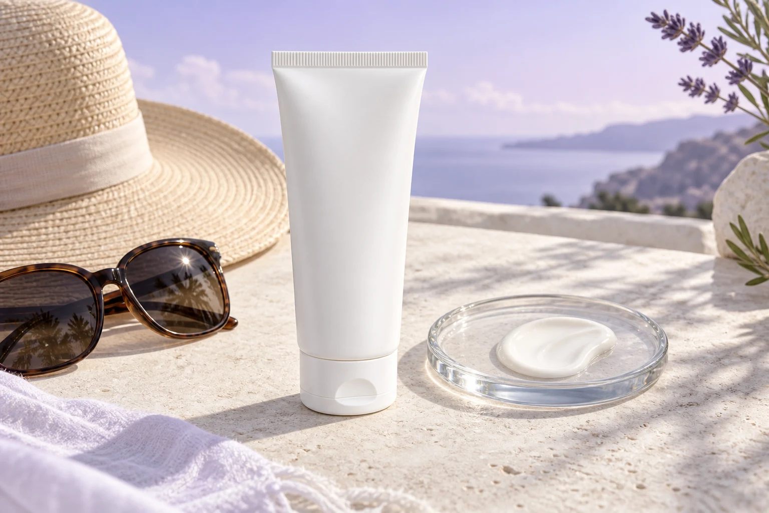 Sunscreen tube with sunglasses and sun hat in morning light