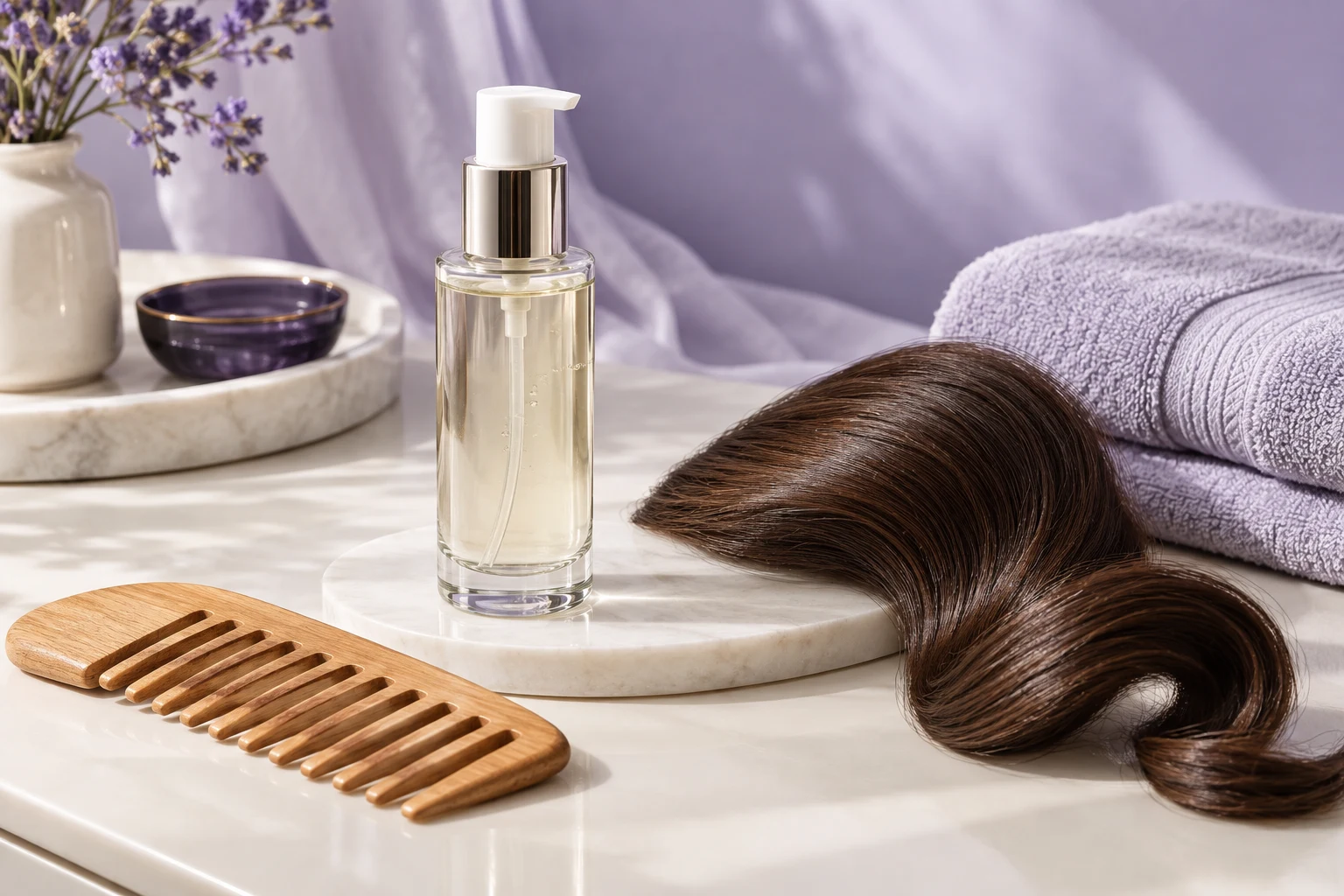 Hair serum bottle with wooden comb and smooth dark hair