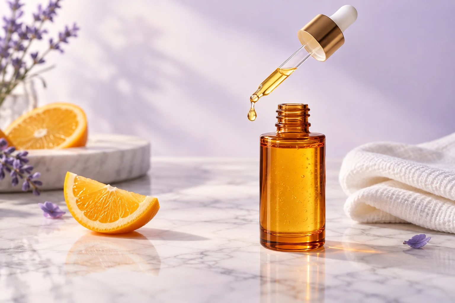 Amber vitamin C serum bottle with dropper in a skincare setting