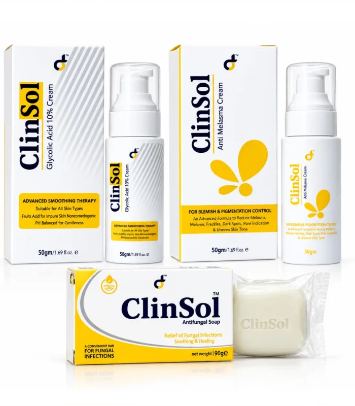 ClinSol Complete Skin Care Bundle — Glycolic Acid 10% Cream, Anti Melasma Cream and Antifungal Soap
