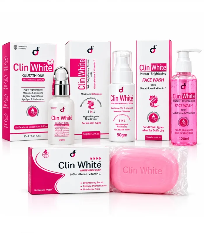 Clin White Complete Brightening Bundle — glutathione serum, skin brightening cream, face wash and whitening soap