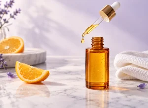 Amber vitamin C serum bottle with dropper in a skincare setting